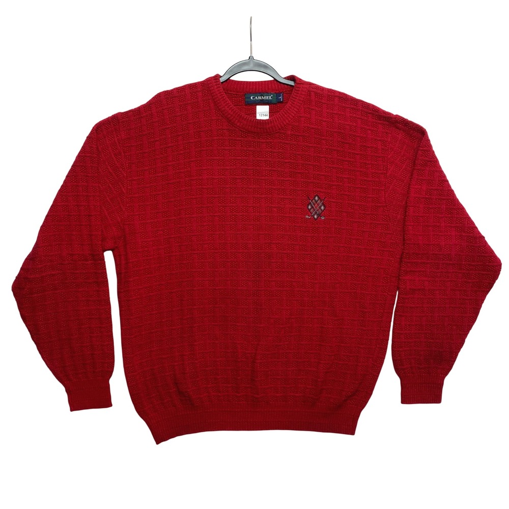 Carmel Sweater Mens Large Red Basketweave Golf Embroidered Crewneck Pullover USA